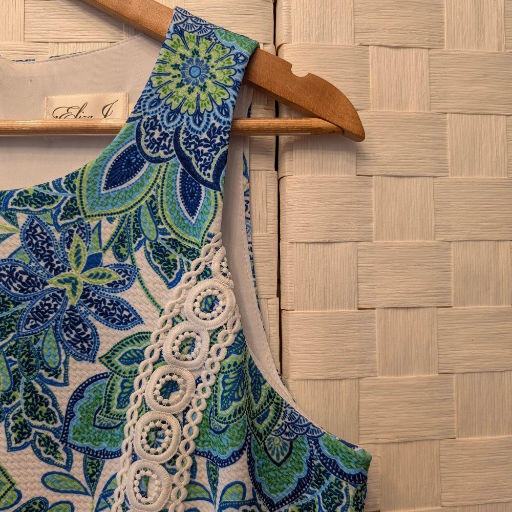 Eliza J Blue Green Floral Paisley Lace Trim Shift‎ Dress EJ4-2954 Size 10 - Picture 7 of 12